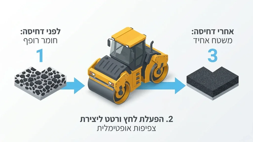 נוצר על ידי מודל בינה מלאכותית Gemini Pro מכבש אספלט מהדק את השכבה העליונה בפרויקט סלילה מסחרי
