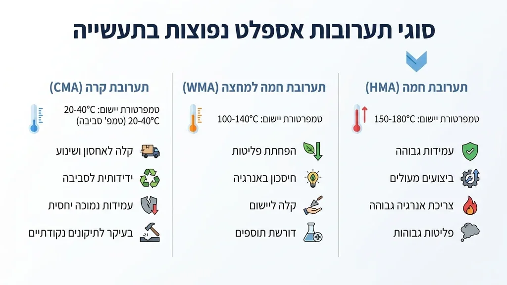 אחרי הפסקה המסבירה על סוגי התערובות הנפוצים בתעשייה ולפני הפירוט על תערובת חמה. סוגים שונים של תערובות אספלט בשלבי יישום בשטח