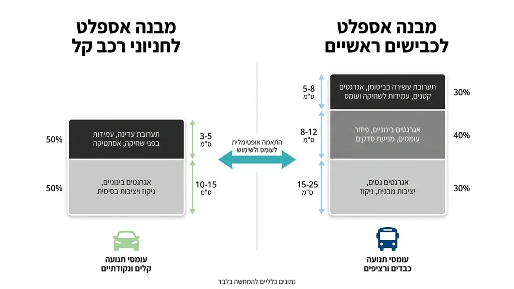 אחרי הפסקה המדברת על התאמת התערובות לכבישים ולחניות ופנייה לקבלן מקצועי. כביש חדש סלול באספלט איכותי עם סימוני דרך