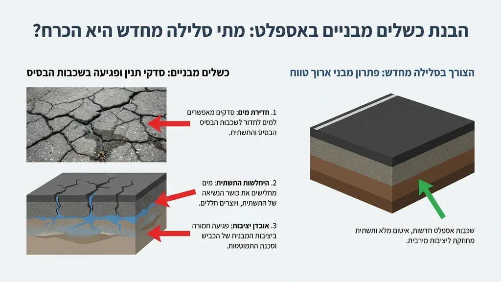 כביש עם סדקים עמוקים הממחיש כשל תשתיתי