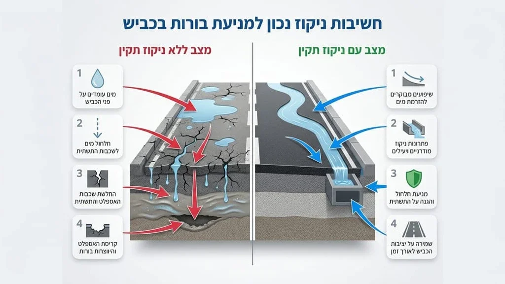 כביש אספלט חדש ועמיד בחורף עם ניקוז מים תקין