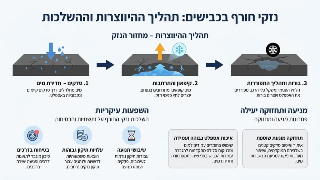 בורות וסדקים בכביש עקב סלילה לקויה