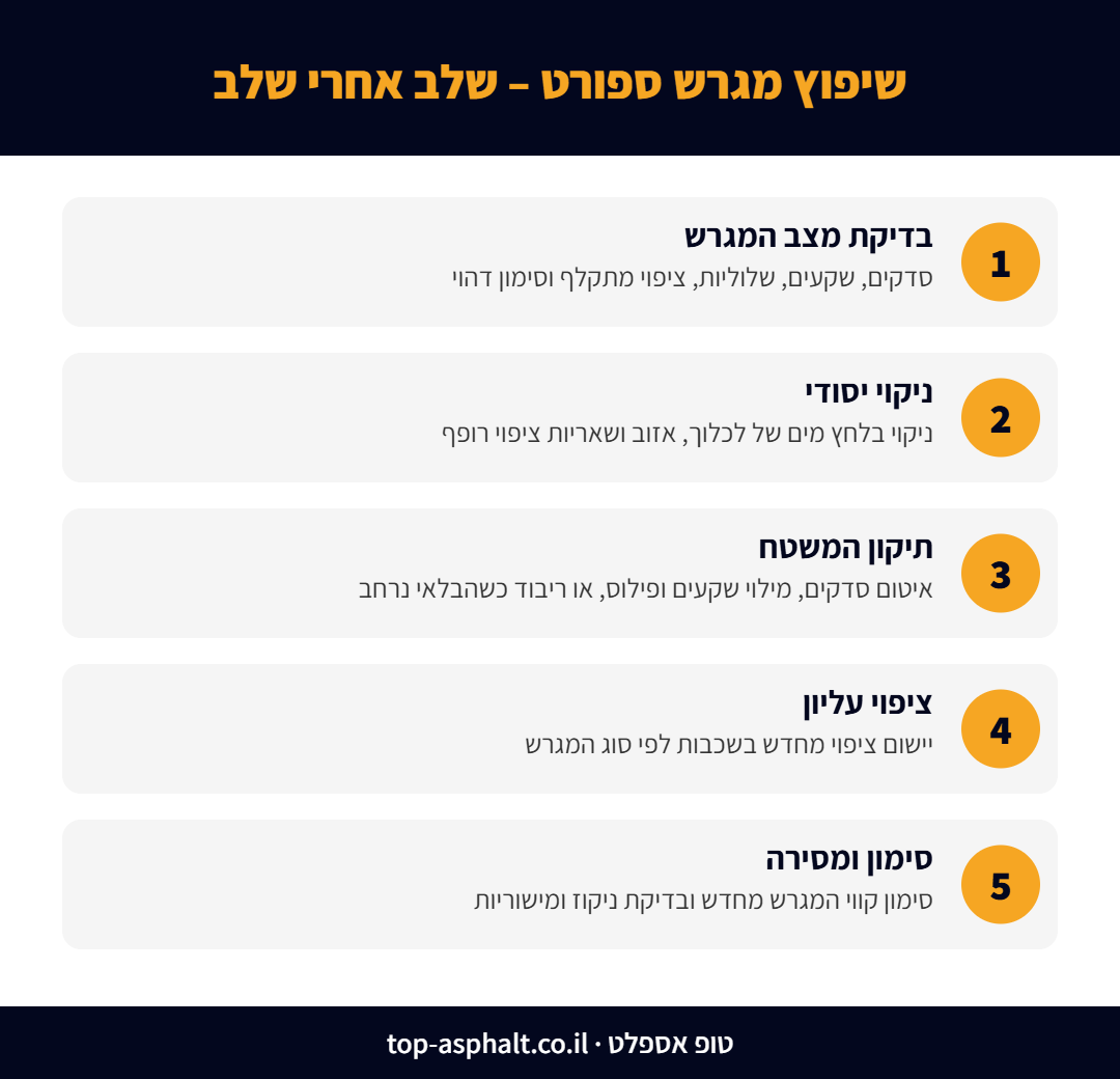 שלבי שיפוץ מגרש ספורט: בדיקה, ניקוי, תיקון המשטח, ציפוי עליון, סימון